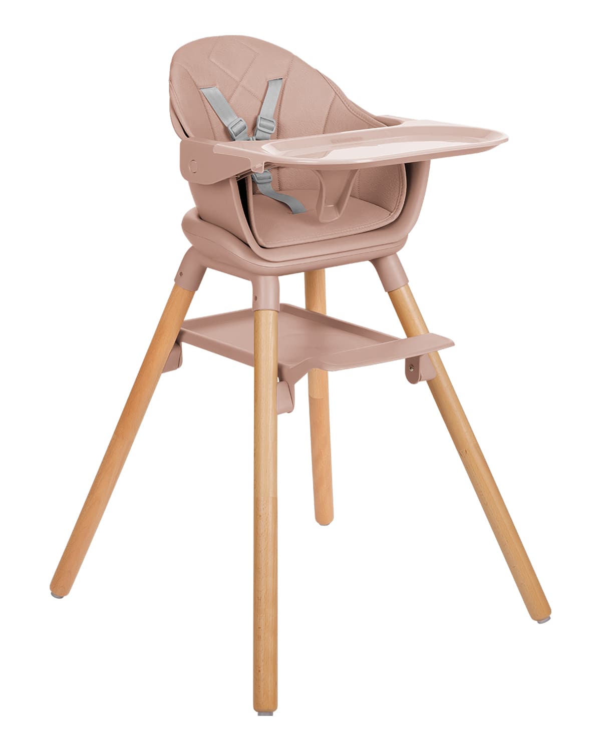 כיסא אוכל Woody 6in1 ורוד, מראה מלא של הכיסא עם מגש קדמי ורצועות בטיחות.